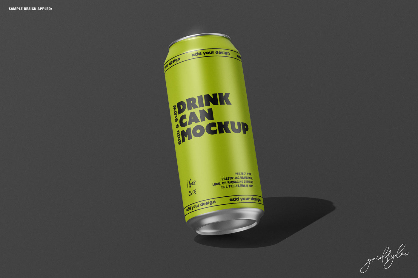 Same tilted 16oz can mockup as previous, shown in vibrant green with customizable label design.