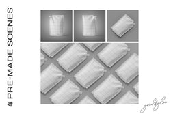 Doy-Pack Mockup – Wireframe View of 4 Premade Scene Angles in Gray