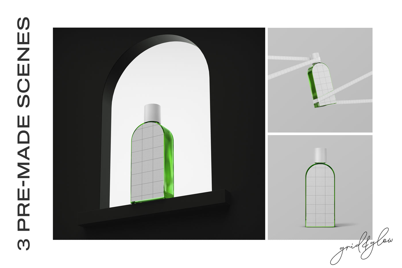 Bottle Mockup – Wireframe Previews of 3 Premade Scenes in Studio Setup