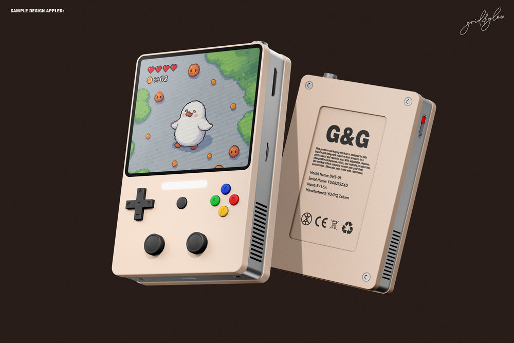 Grid&Glow Game Device Mockup Vol.1 cover showcasing 5 PSD files and resolution details.