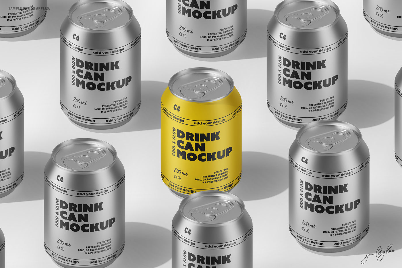 Drink Can Mockup – Yellow Can Surrounded by Silver Cans in Patterned Layout