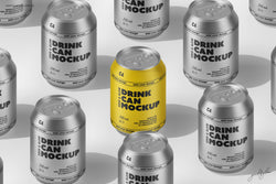 Drink Can Mockup – Yellow Can Surrounded by Silver Cans in Patterned Layout