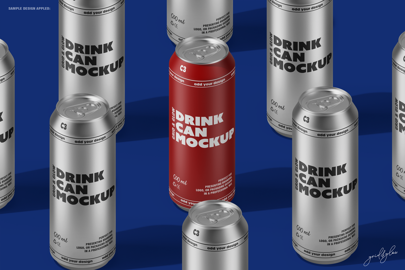 Drink Can Mockup – Top-Down Scene Featuring Red Can Among Silver Ones