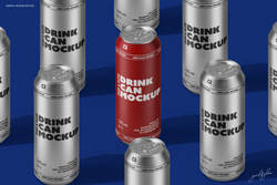 Drink Can Mockup – Top-Down Scene Featuring Red Can Among Silver Ones