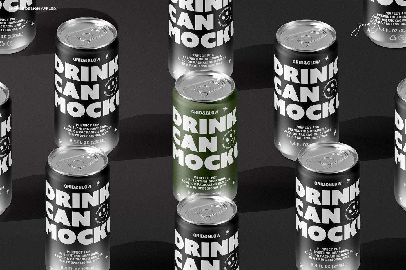 Collection of 8.4oz Drink Can Mockups – 250ml PSD Templates with Green and Black Designs on Dark Background – Perfect for Branding and Packaging Presentations by Grid & Glow