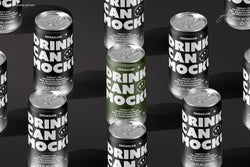 Collection of 8.4oz Drink Can Mockups – 250ml PSD Templates with Green and Black Designs on Dark Background – Perfect for Branding and Packaging Presentations by Grid & Glow