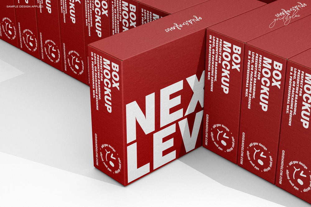 Red boxes labeled 'Box Mockup' with 'NEX LEV' branding on a white background