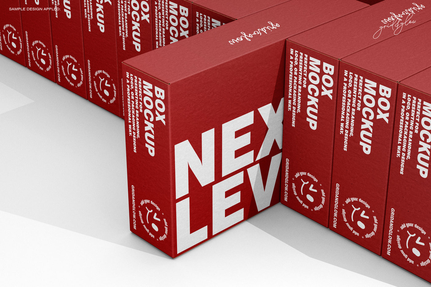Red boxes labeled 'Box Mockup' with 'NEX LEV' branding on a white background