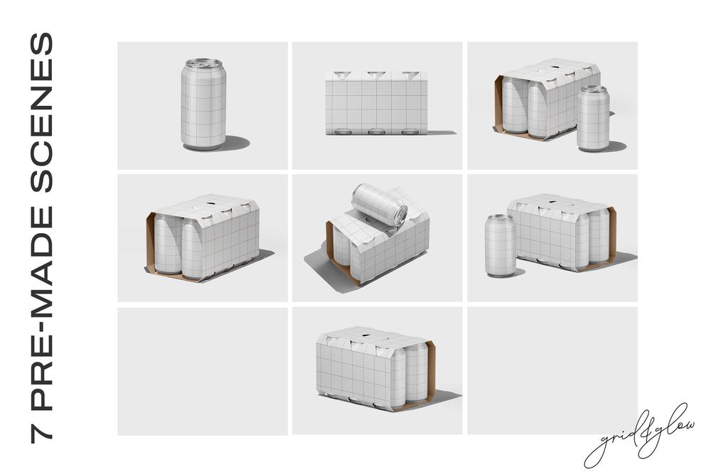 6 Pack Cans Mockup – Wireframe Scenes Overview with 7 Layouts