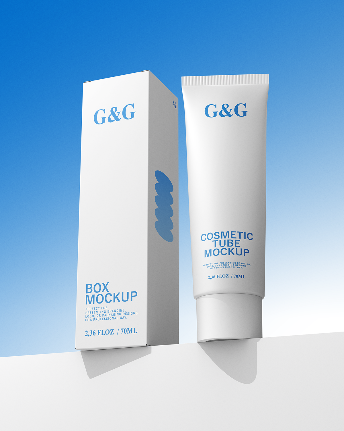 G&G cosmetic tube and box mockup on a blue gradient background