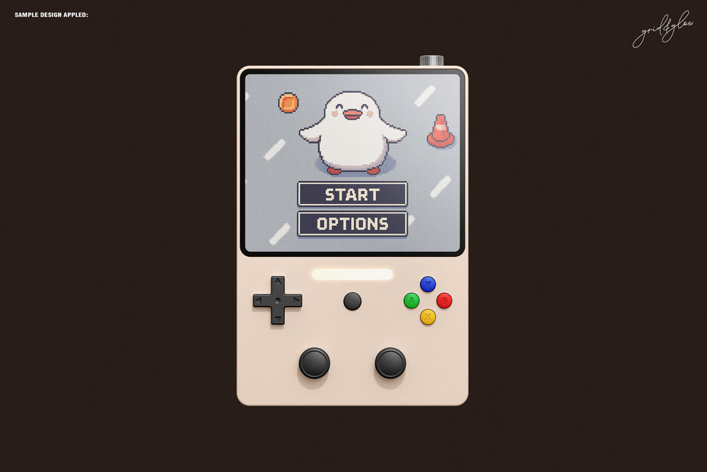 Tilted retro console with a pixelated game showing hearts and a dancing penguin.