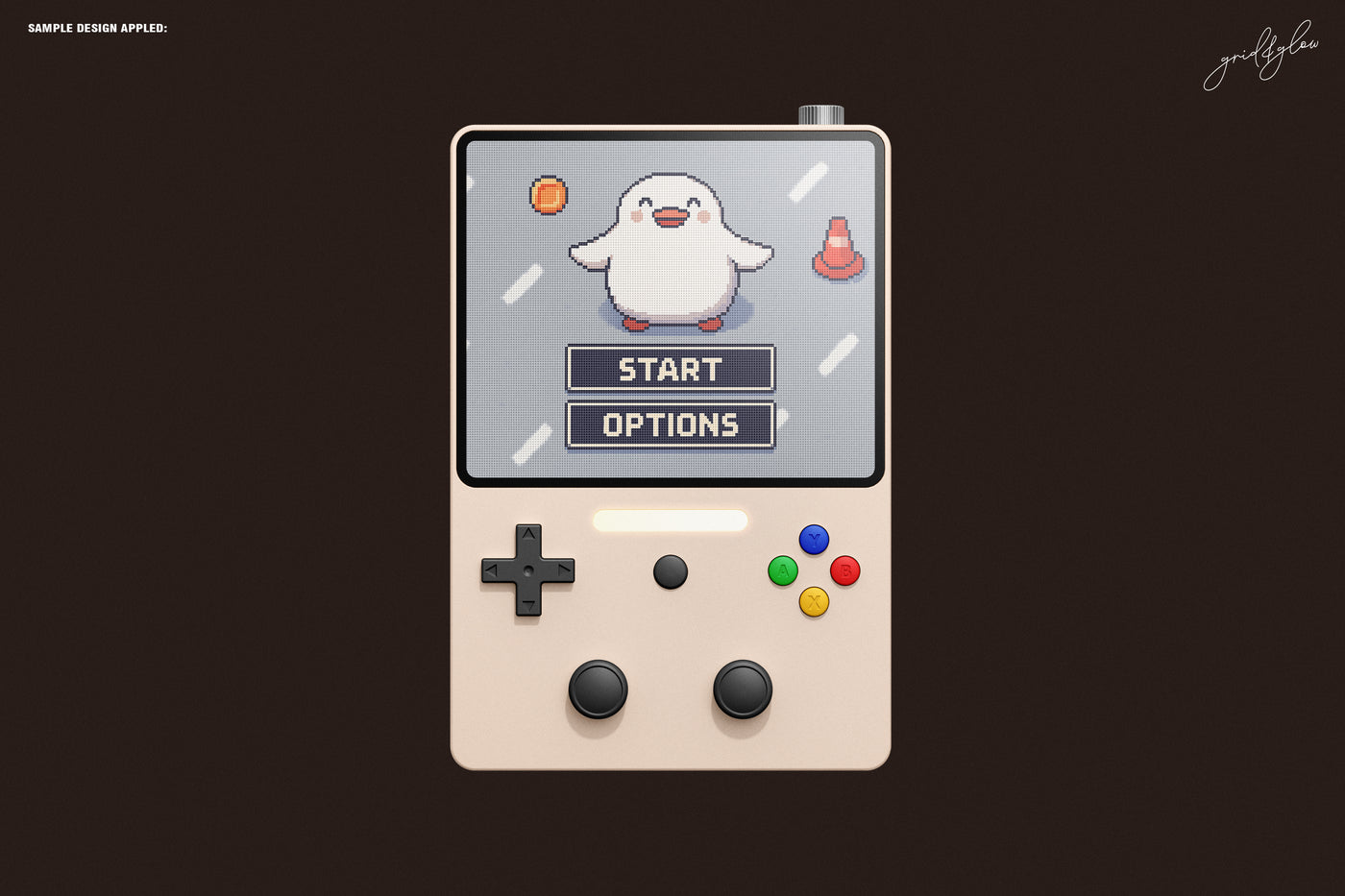 Tilted retro console with a pixelated game showing hearts and a dancing penguin.