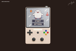 Tilted retro console with a pixelated game showing hearts and a dancing penguin.