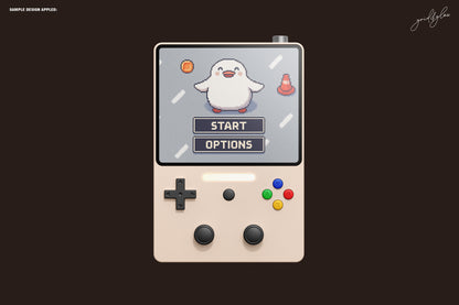 Tilted retro console with a pixelated game showing hearts and a dancing penguin.