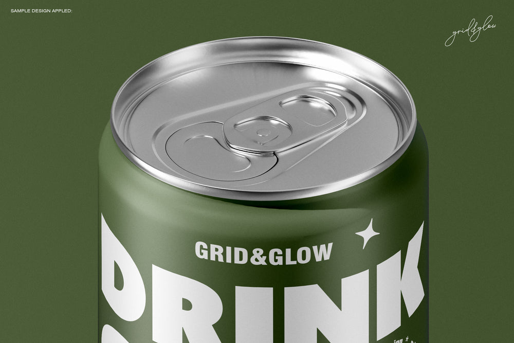 Close-Up of Drink Can Lid – 8.4oz 250ml Mockup for Packaging Design – Realistic Metal Texture and Grid & Glow Branding