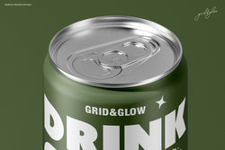 Close-Up of Drink Can Lid – 8.4oz 250ml Mockup for Packaging Design – Realistic Metal Texture and Grid & Glow Branding