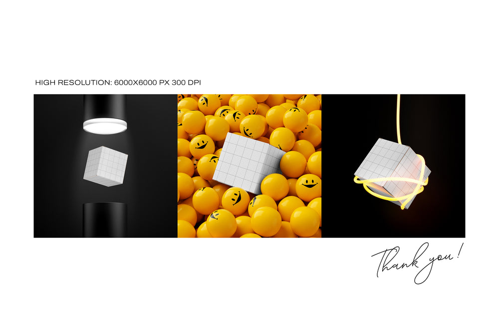 Preview of box mockup with three different scene variations: spotlight, yellow balls, and neon cable