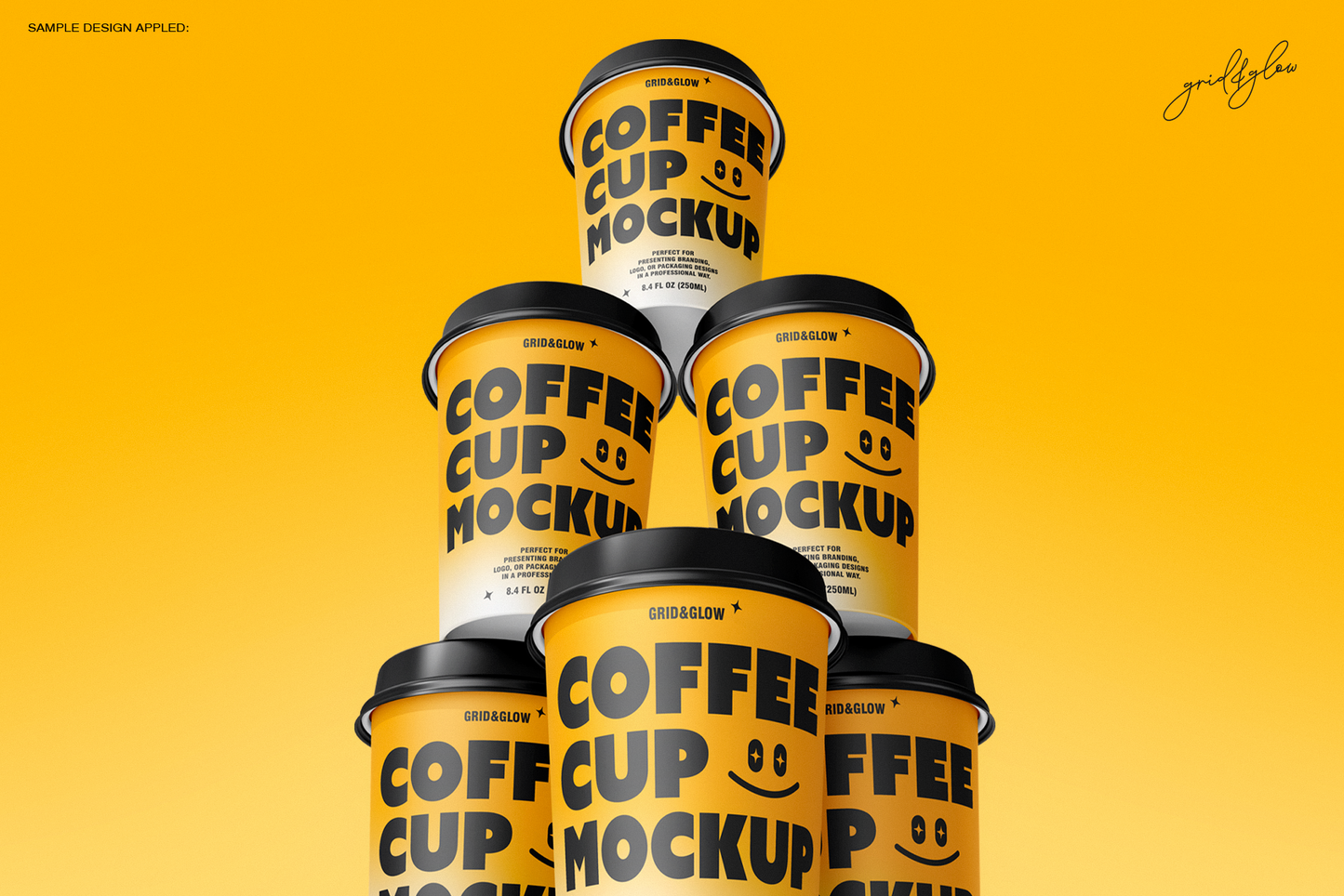 Coffee cup mockup set showing pyramid stack of cups with lids on orange background