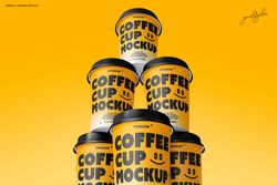 Coffee cup mockup set showing pyramid stack of cups with lids on orange background