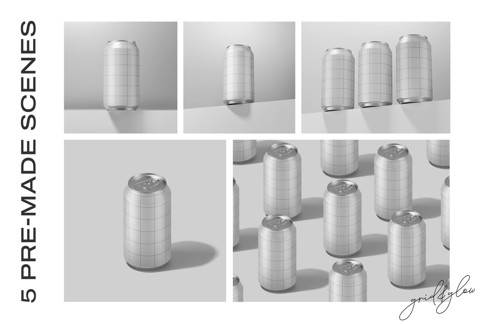 Drink Can Mockup – Wireframe Grid Preview of 5 Premade Scenes in Different Angles