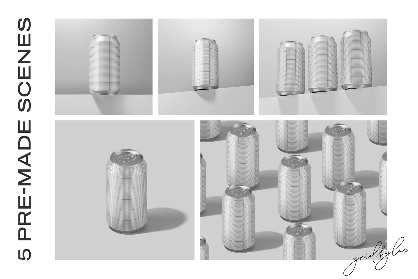 Drink Can Mockup – Wireframe Grid Preview of 5 Premade Scenes in Different Angles