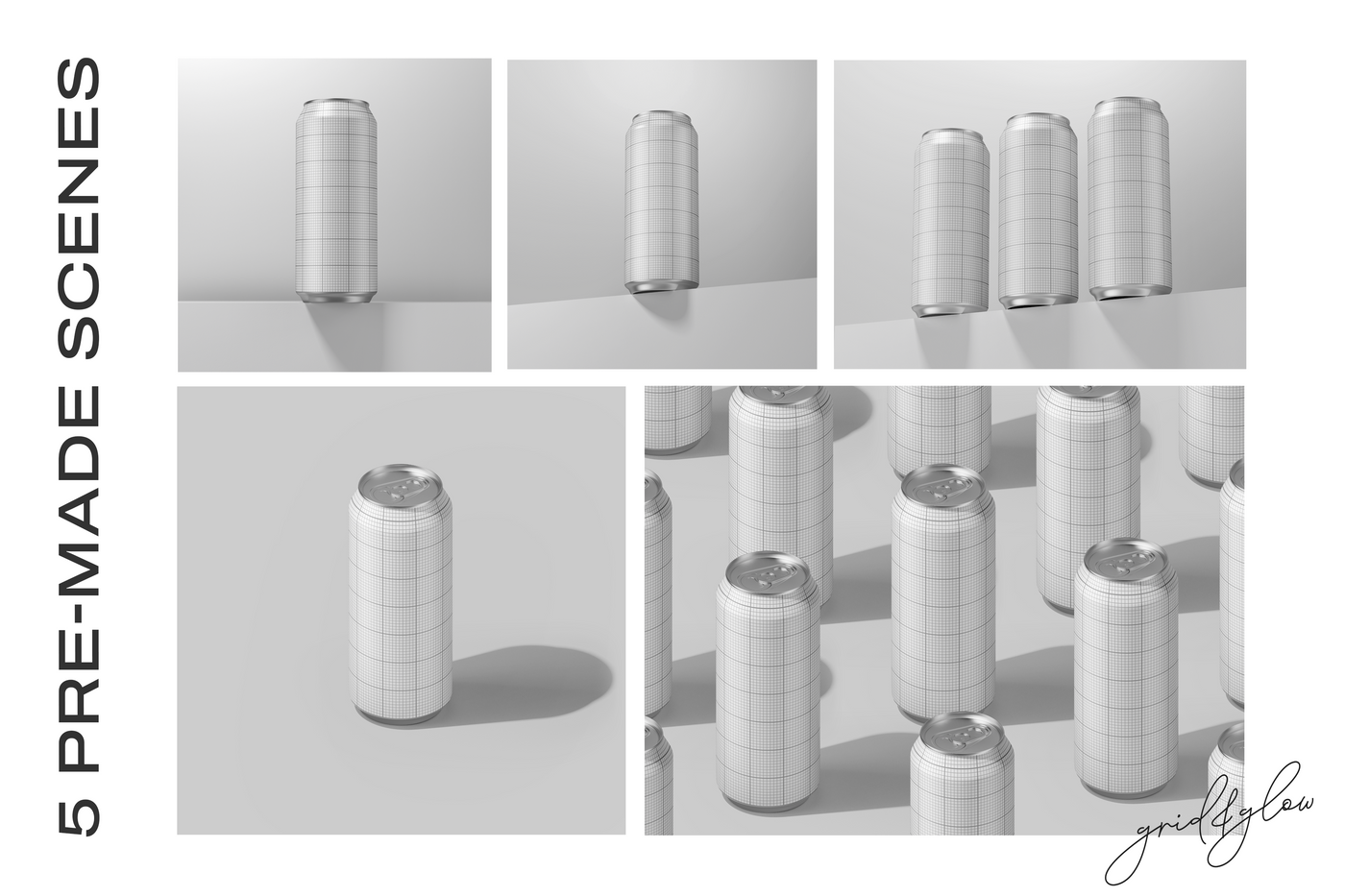 Drink Can Mockup – Wireframe Preview of 5 Premade Scenes in Various Angles