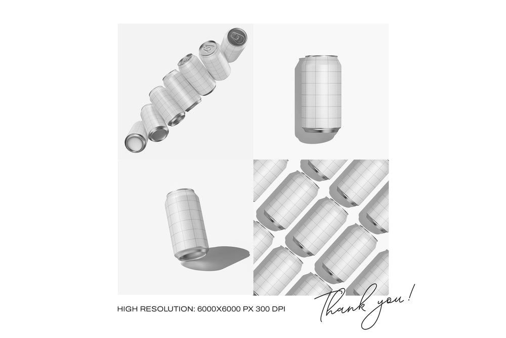 12oz Drink Can Mockup Mesh Preview – High-Resolution Editable Grid Layout for Smart Object Placement – 6000x6000px 300 DPI