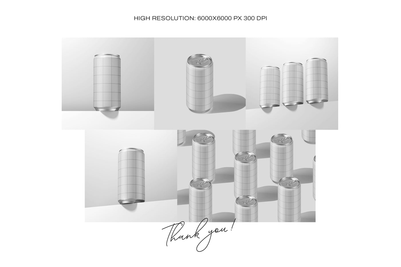 Preview of 8.4oz Drink Can Mockup Scenes – 250ml Smart Object Templates with Editable Grid Layout – High Resolution 6000x6000 px 300 DPI by Grid & Glow