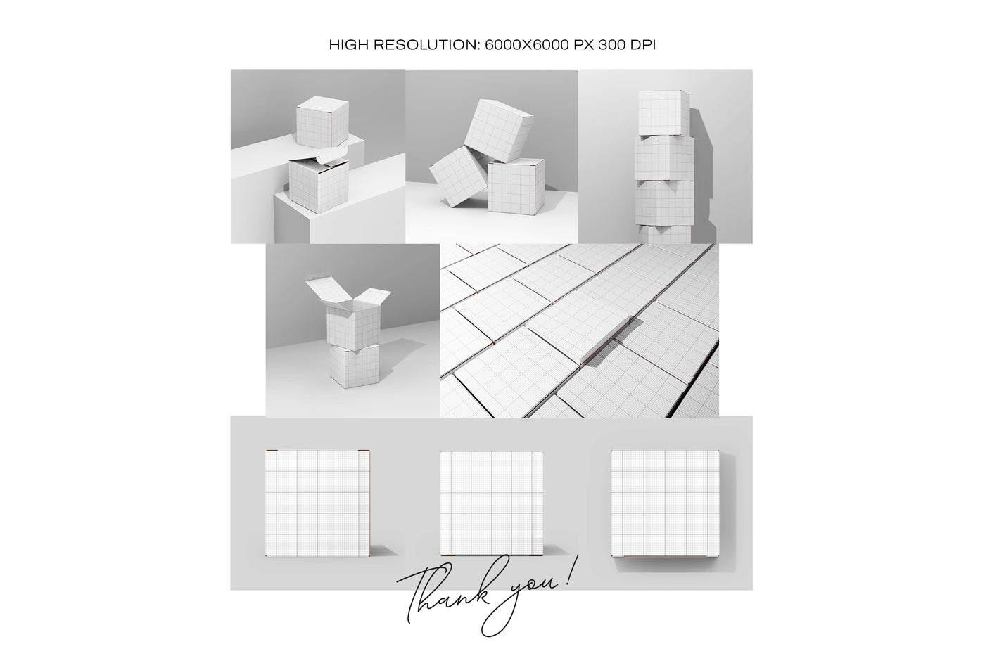 Overview sheet showing all 9 mockup angles including open boxes, stacked layouts, and smart layer grid guides.