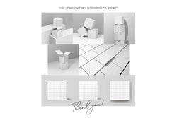 Overview sheet showing all 9 mockup angles including open boxes, stacked layouts, and smart layer grid guides.