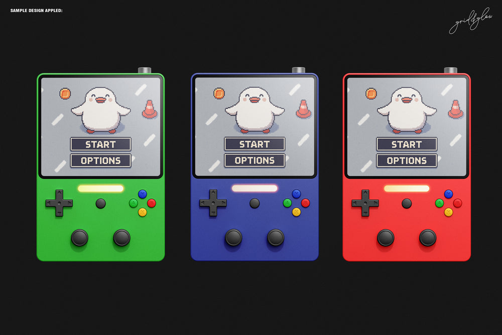 Top view of pixel game map with penguin surrounded by objects on handheld device.