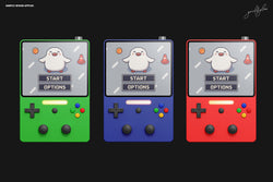 Top view of pixel game map with penguin surrounded by objects on handheld device.