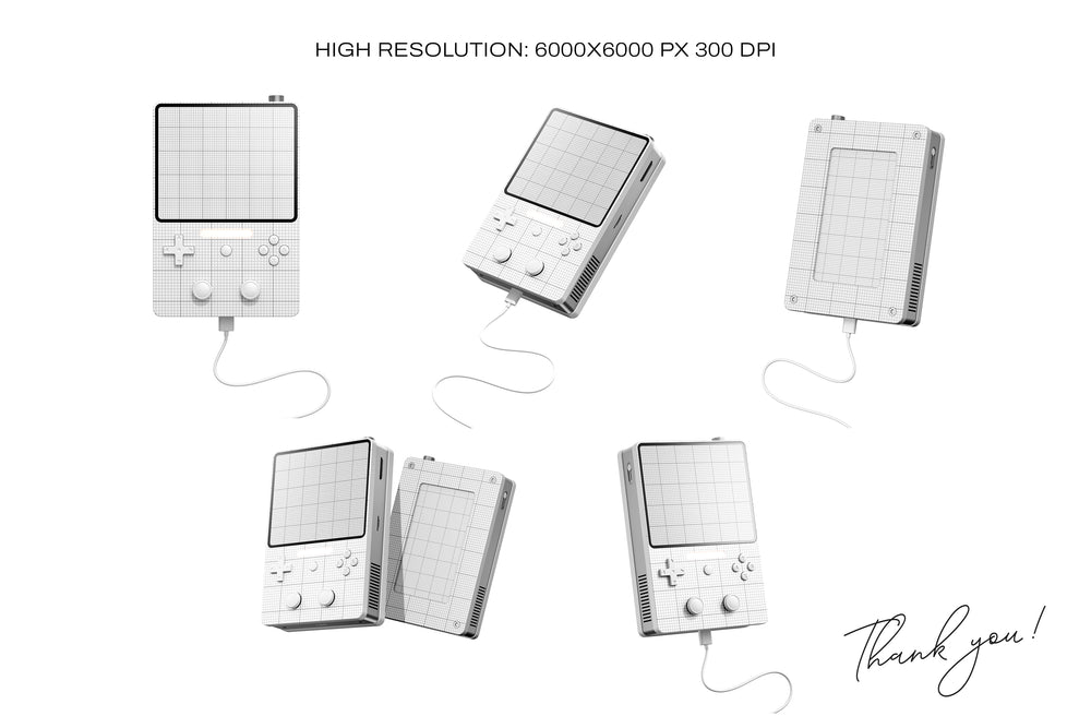 Set of three colorful game consoles with pixel UI screens and button variations.
