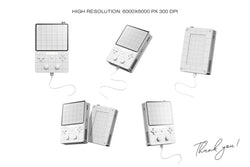 Set of three colorful game consoles with pixel UI screens and button variations.