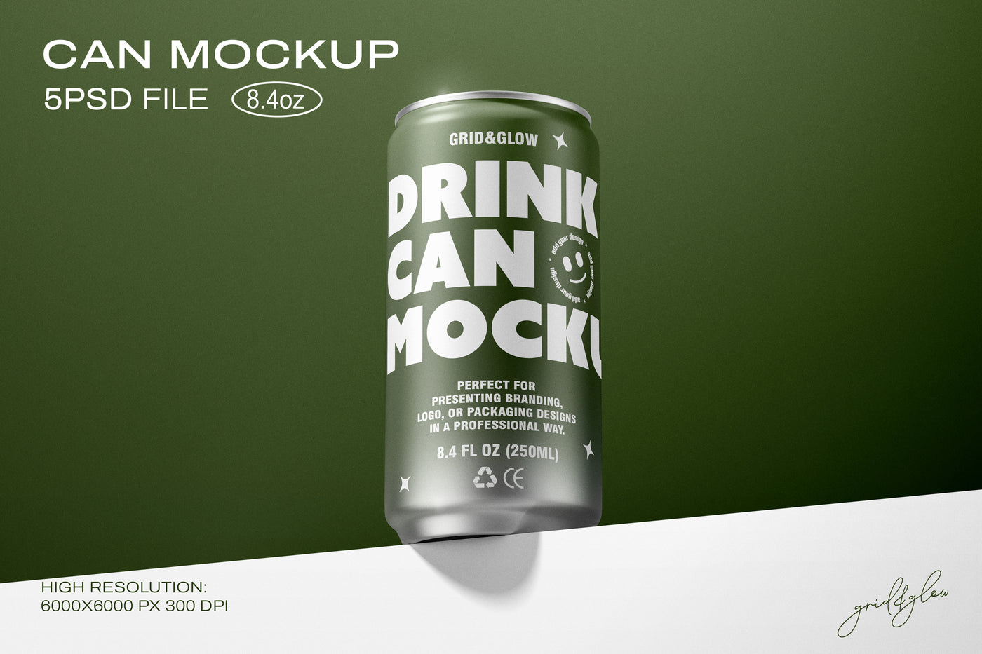 8.4oz Drink Can Mockup – High-Resolution 5 PSD Files for Branding, Logo, and Packaging Design – 250ml Can Template by Grid & Glow