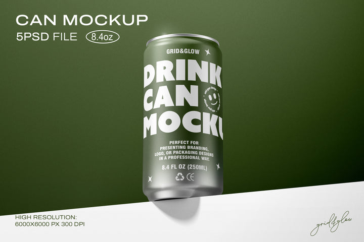 Drink Sleek Can 8.4oz Mockup – High-Resolution 5 PSD Files for Branding, Logo, and Packaging Design – 250ml Can Template by Grid & Glow