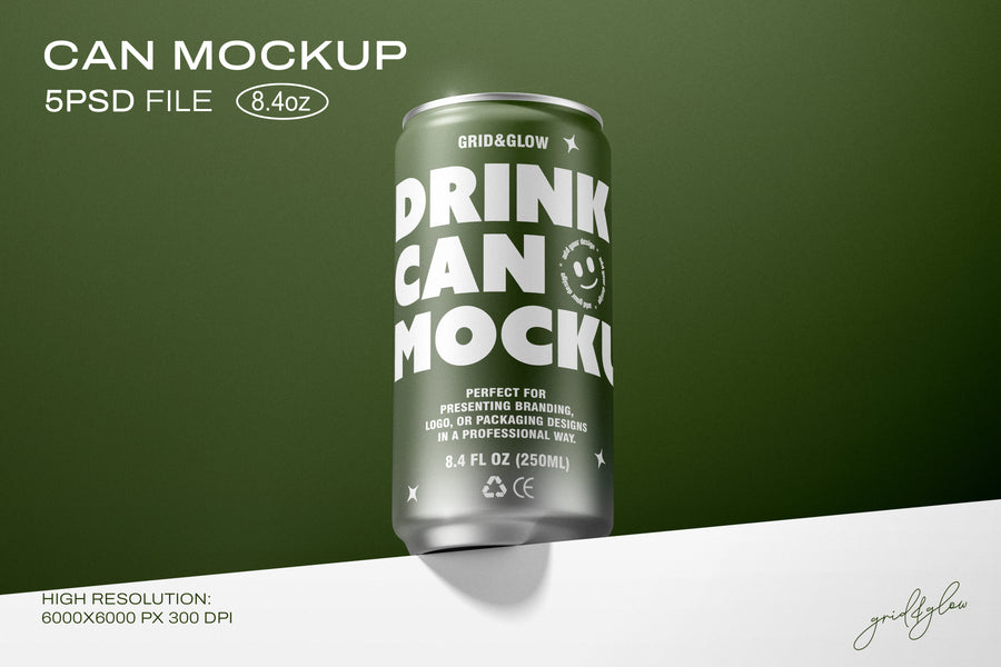 Drink Sleek Can 8.4oz Mockup – High-Resolution 5 PSD Files for Branding, Logo, and Packaging Design – 250ml Can Template by Grid & Glow