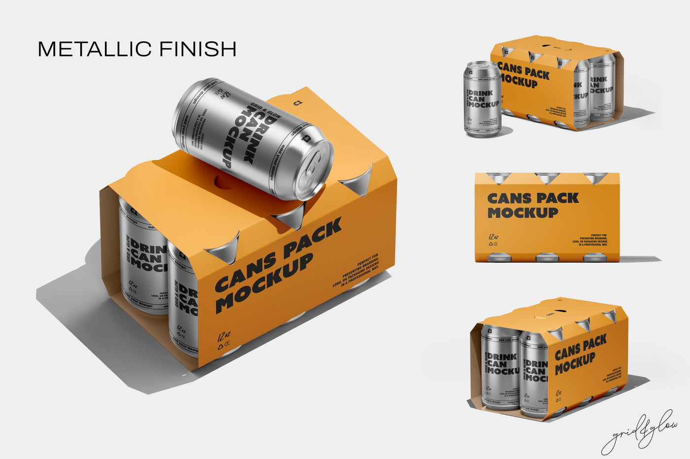 6 Pack Cans Mockup – Metallic Finish with Can and Box Views