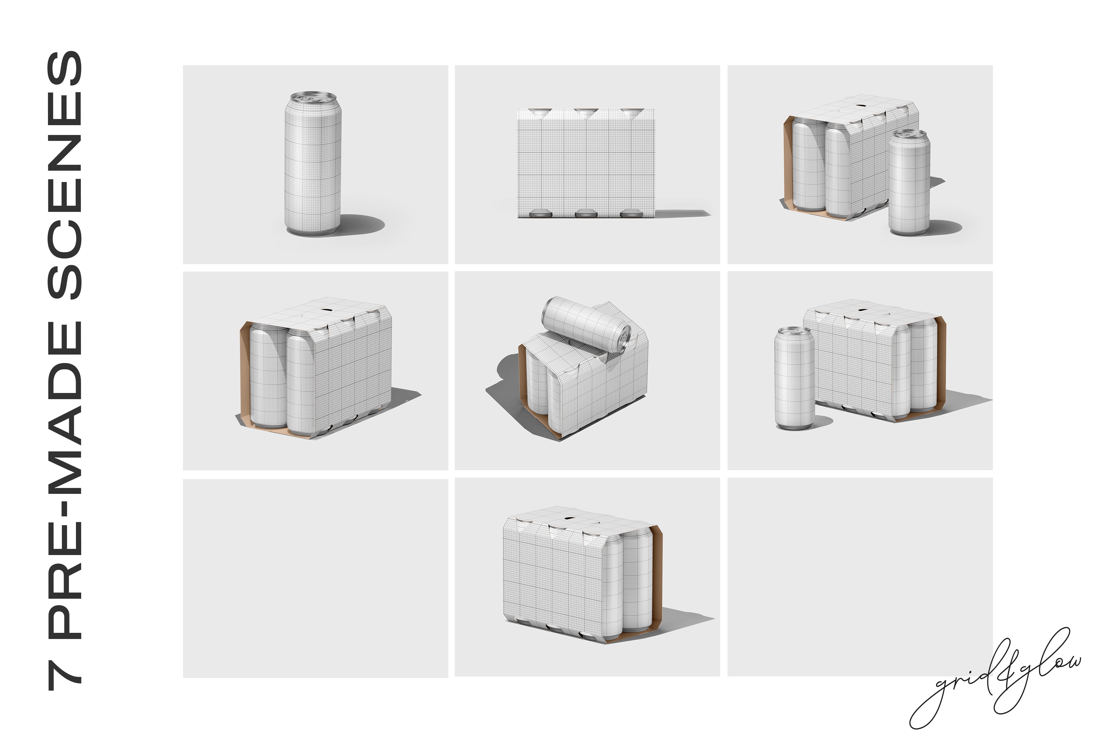 6 Pack Cans Mockup – Wireframe Grid Preview of All Scenes