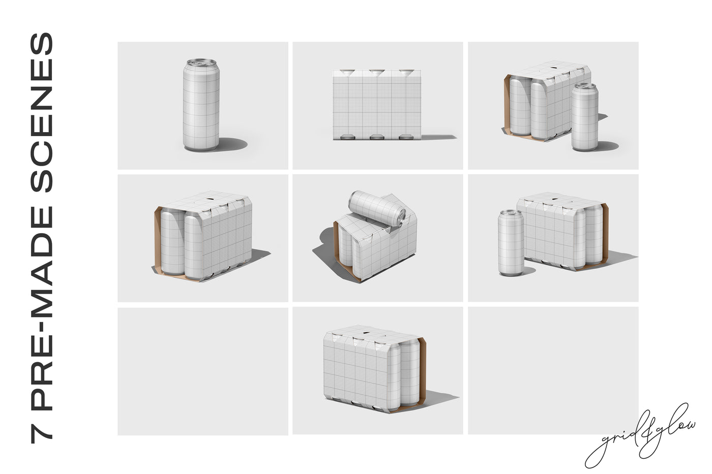 6 Pack Cans Mockup – Wireframe Grid Preview of All Scenes