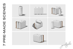 6 Pack Cans Mockup – Wireframe Grid Preview of All Scenes