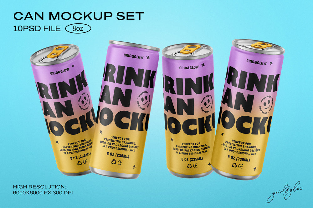 Drink Can Mockup - 8oz / 235ml on a light blue background