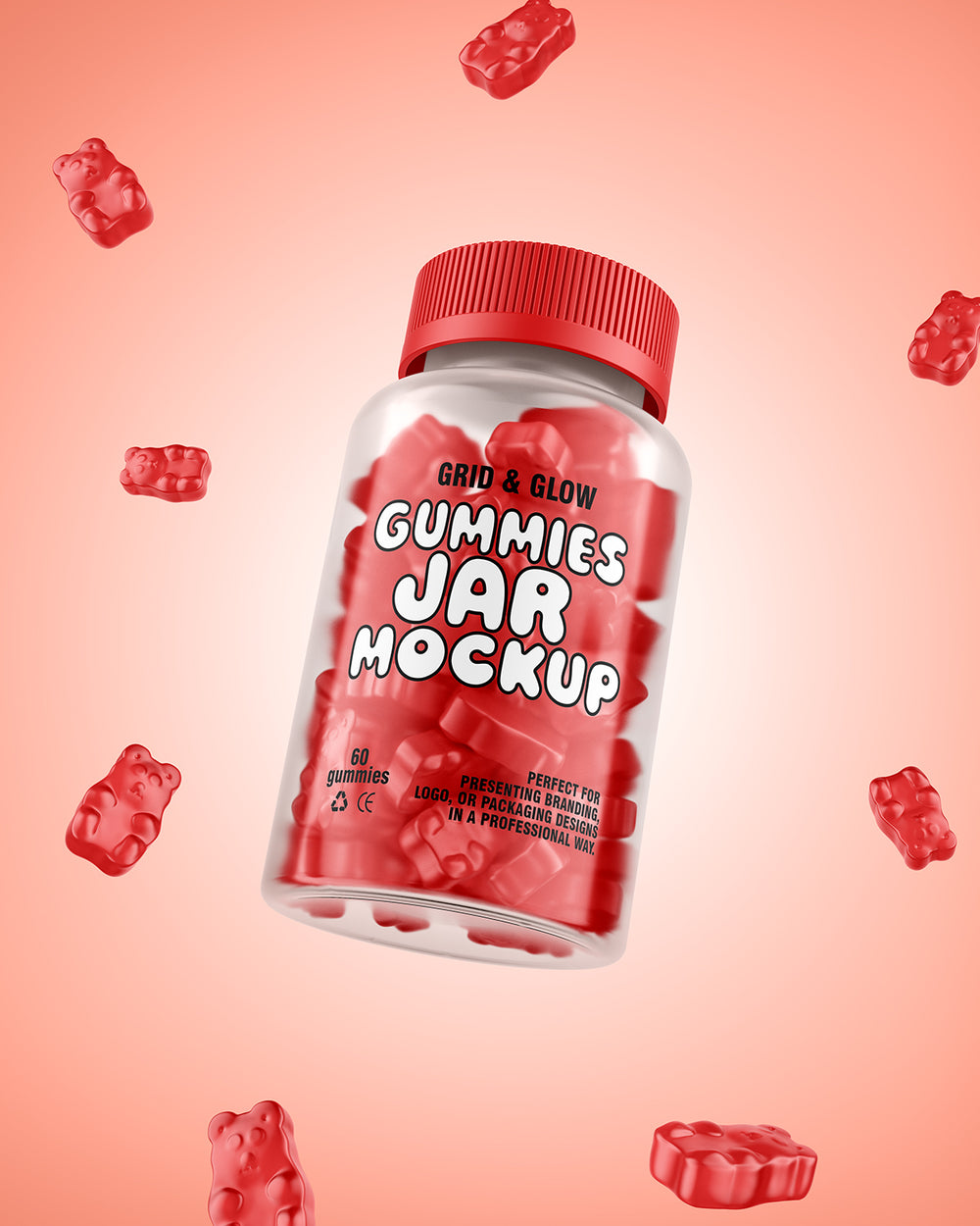 Gummies jar mockup with red gummy bears floating on coral background