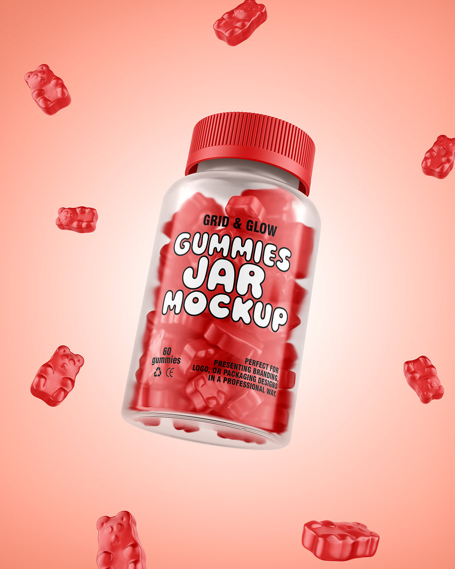 Gummies jar mockup with red gummy bears floating on coral background