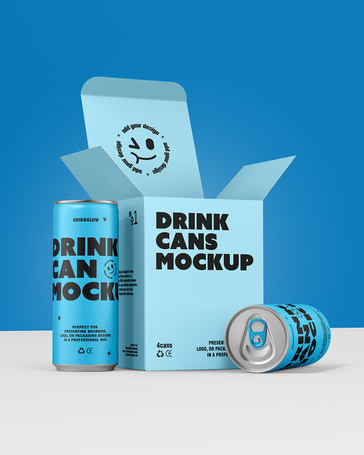 Drink can and box mockup four-pack in blue with open box and multiple cans