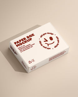 Paper box mockup in white with angled perspective on beige background