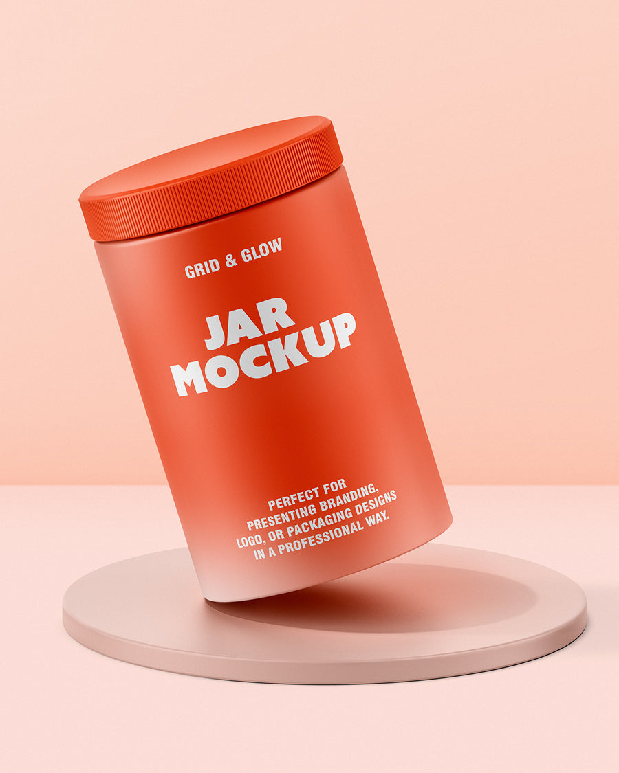 Plastic jar mockup displayed at angle on circular podium with customizable label design