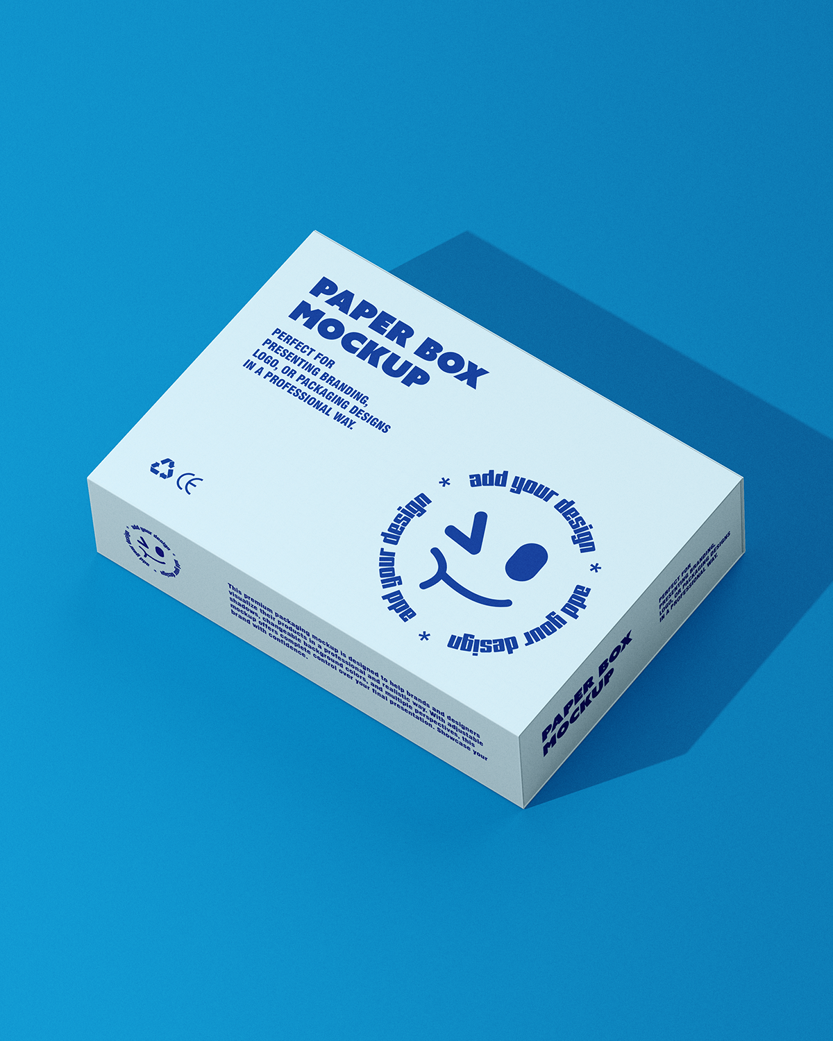 Paper box mockup high angle view with custom branding on blue background
