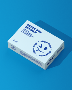 Paper box mockup high angle view with custom branding on blue background