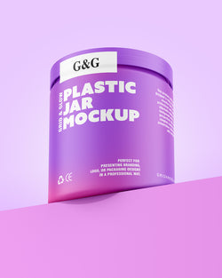 Plastic jar mockup with wide mouth and customizable label design on gradient background